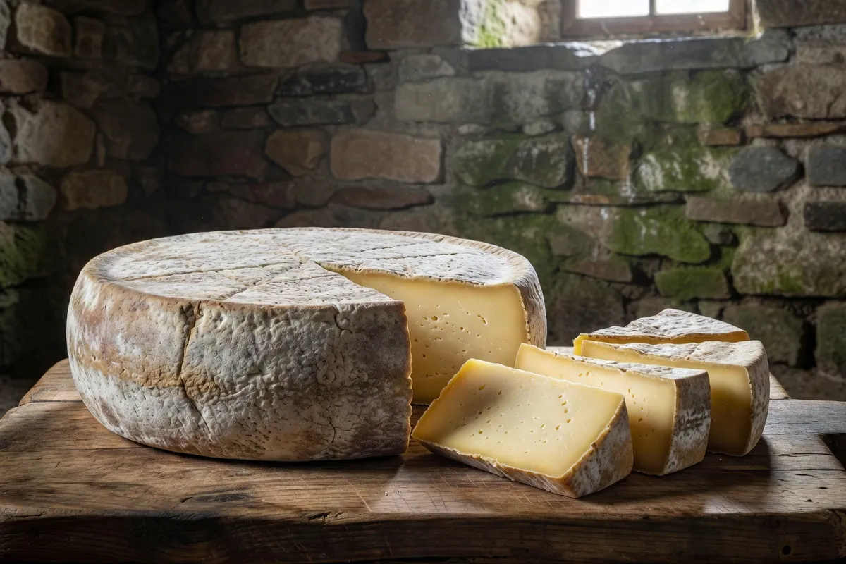 Fromage trappiste du Mont des Cats affiné sur planche de bois dans la cave de l'abbaye.