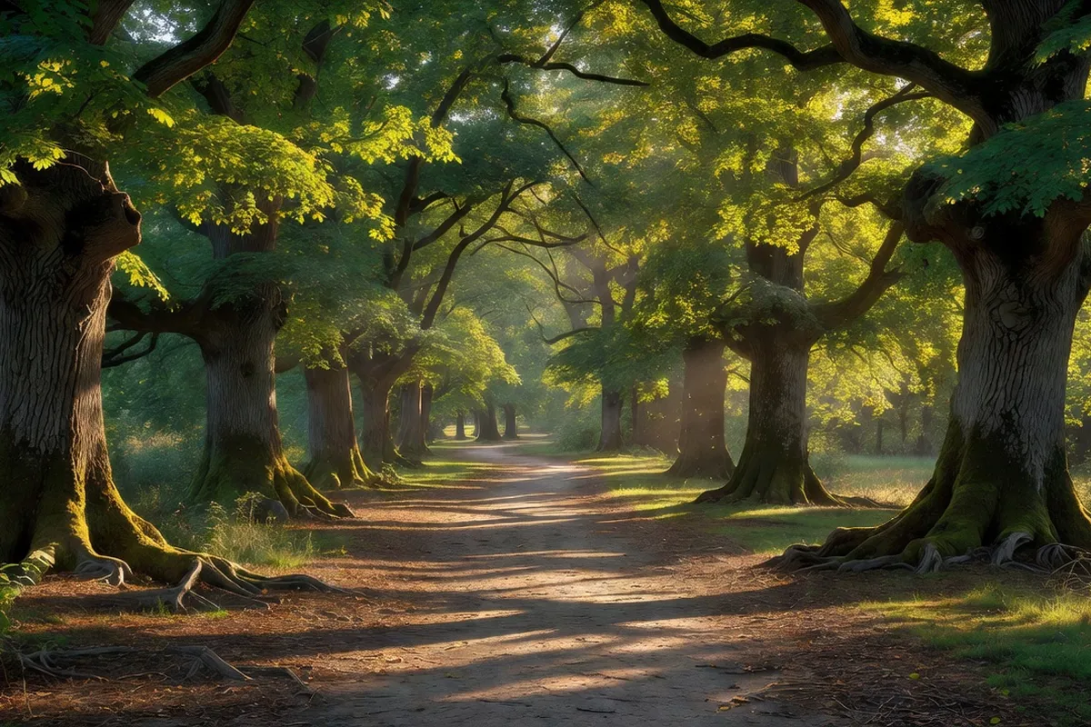 Sentier boisé dans un parc des Monts de Flandre, lumière tamisée par les arbres.