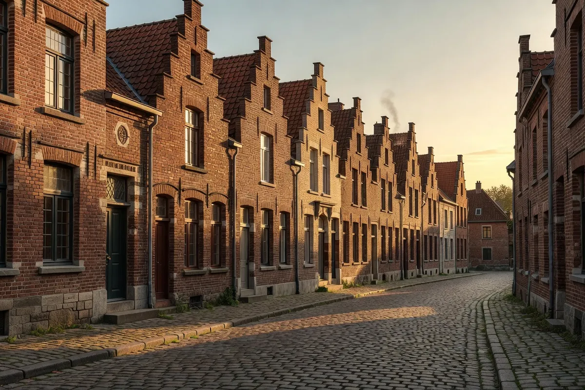 Rangée de maisons de ville flamandes des années 1920 à pignons à redans à Bailleul.