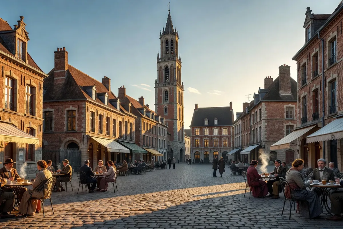 Place pavee de Bailleul avec le beffroi dominant les façades de brique.