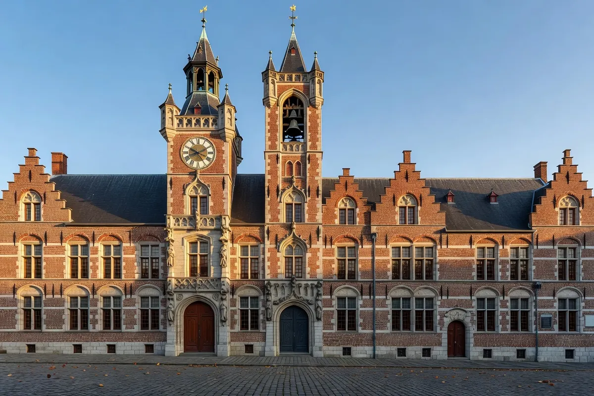 Façade de l'hôtel de ville et beffroi en brique flamande dans une ville du Nord.