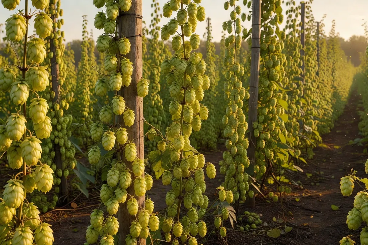 Gros plan sur des cones de houblon sur une lianne dans un champ de Flandre française.