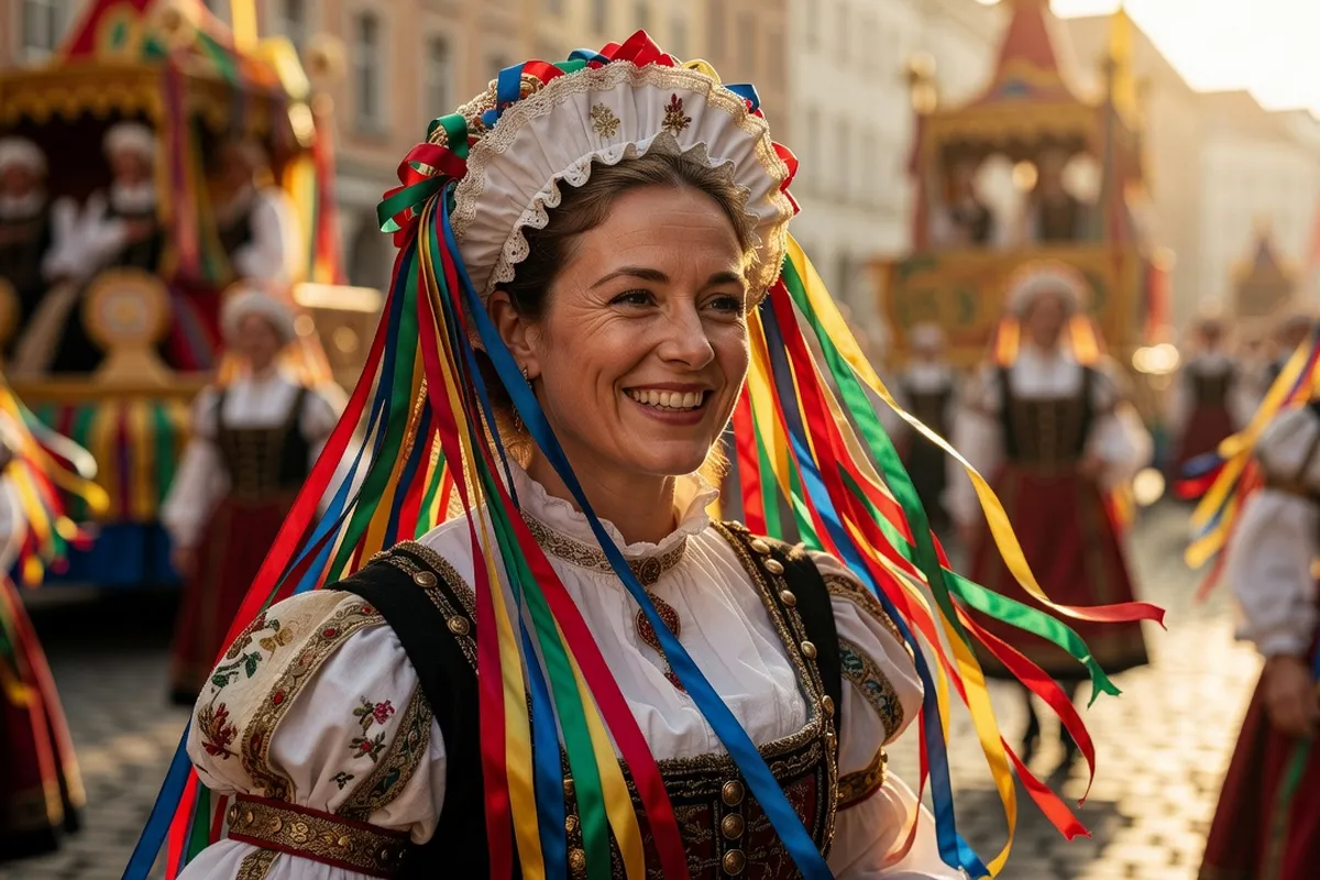Une participante souriante en costume traditionnel flamand lors d'un défilé de carnaval.