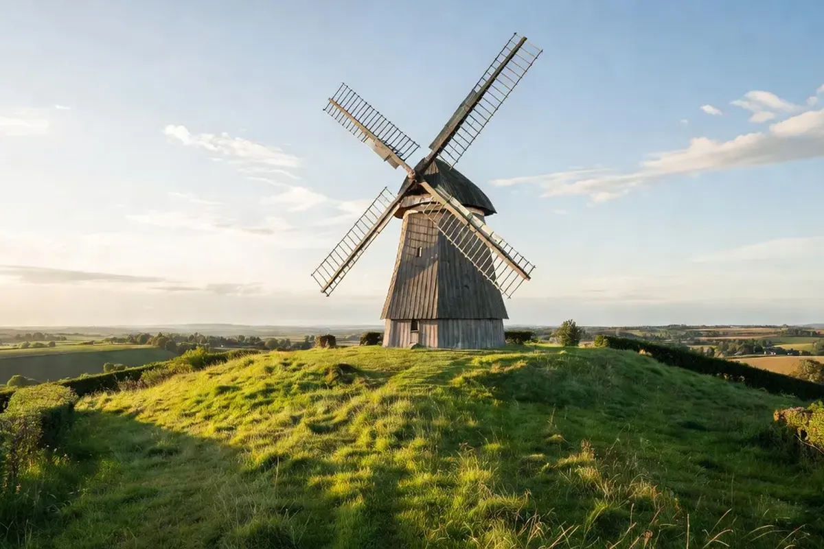 Le moulin à vent en bois au sommet de la butte de Cassel, sur la terrasse du château.