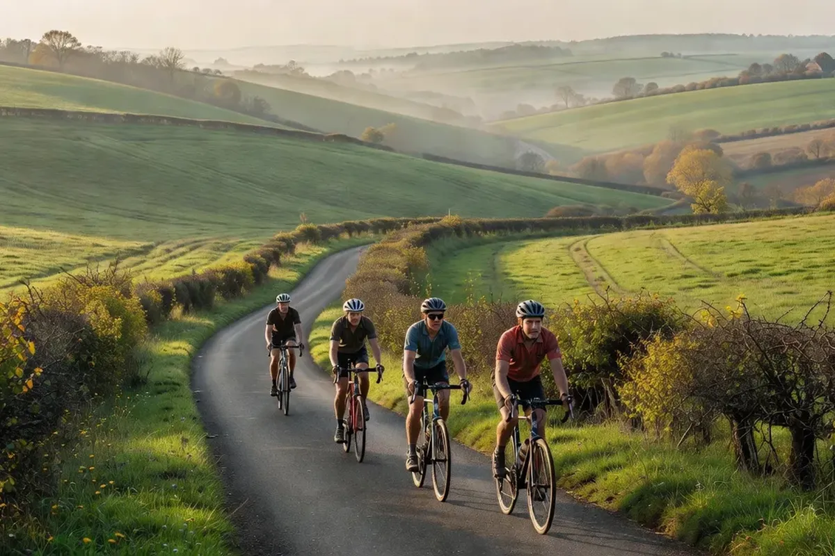 Cyclotouristes sur une route de crête des Monts de Flandre entre pâturages et haies bocagères.