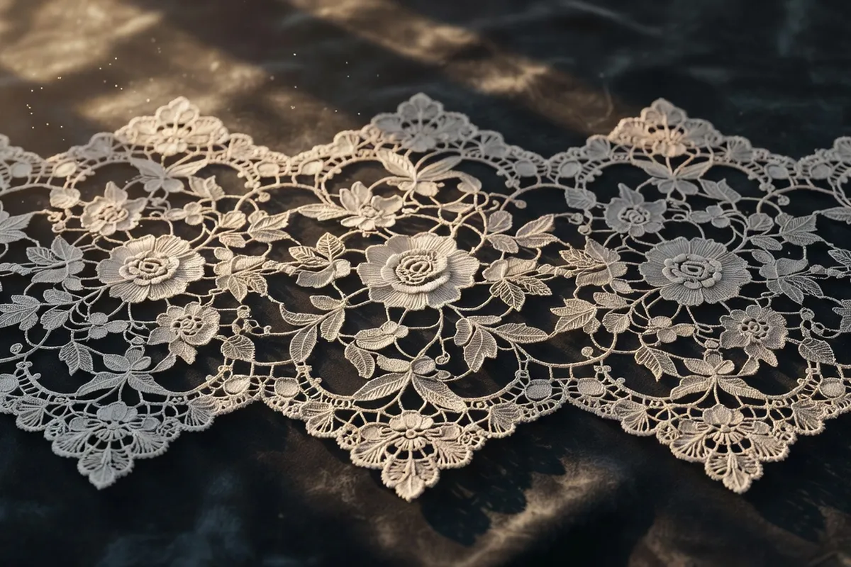 Pièce de dentelle aux fuseaux finie, motif floral délicat sur tissu sombre.