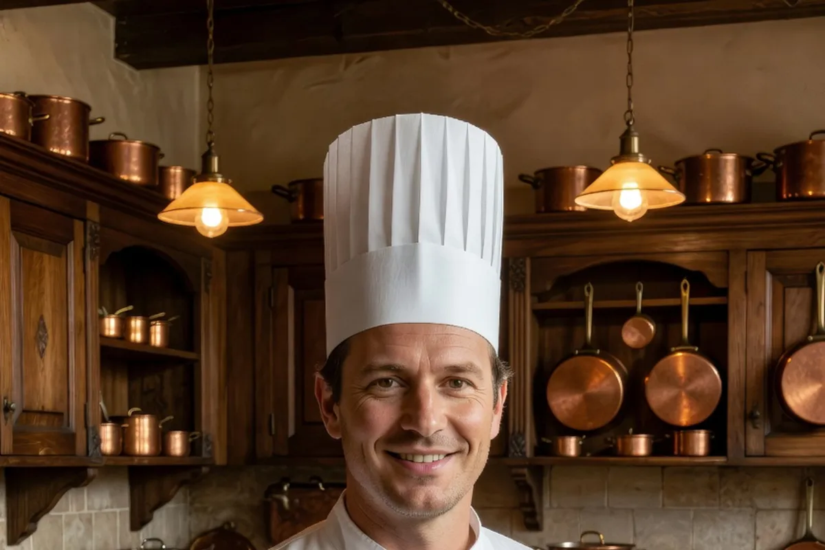 Marc Delattre, chef cuisinier flamand, dans sa cuisine d'estaminet entre cuivres et cocottes.
