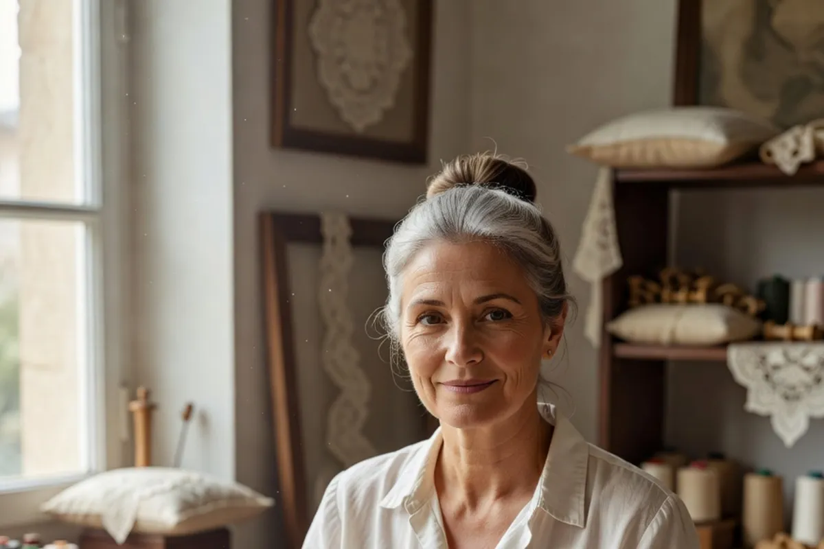 Hélène Vandenberghe, maître dentellière, à son coussin de dentelle aux fuseaux dans l'atelier de l'école de Bailleul.