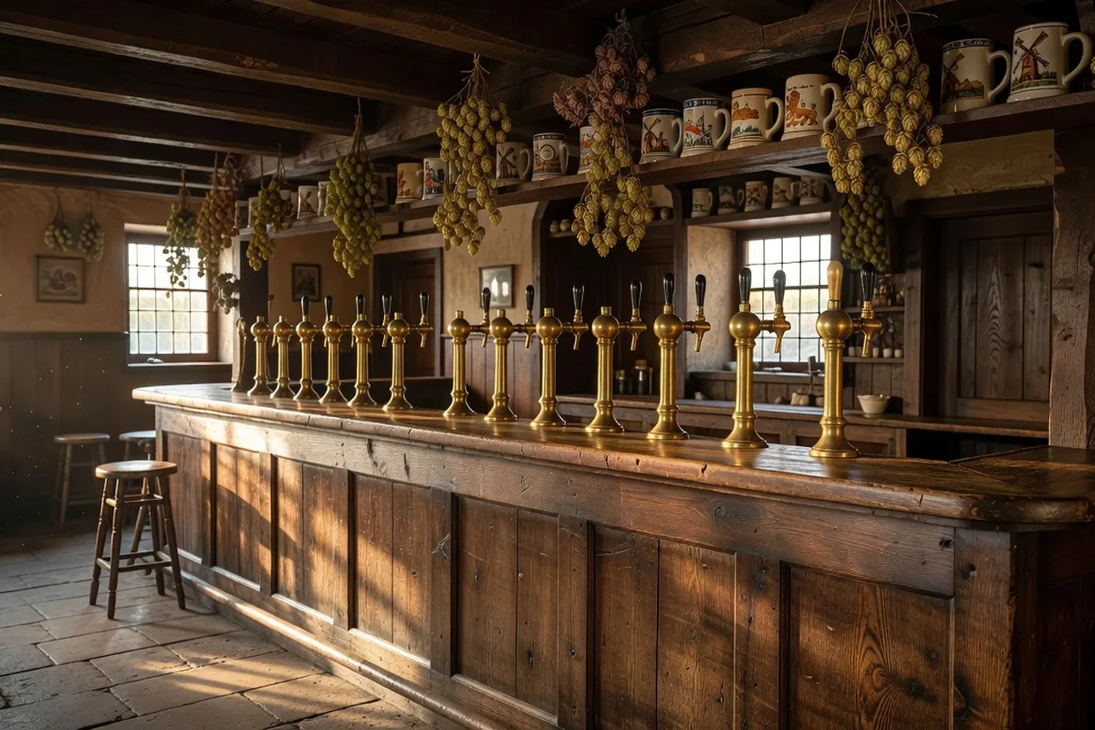 Comptoir en bois traditionnel a l'intérieur d'un estaminet flamand.