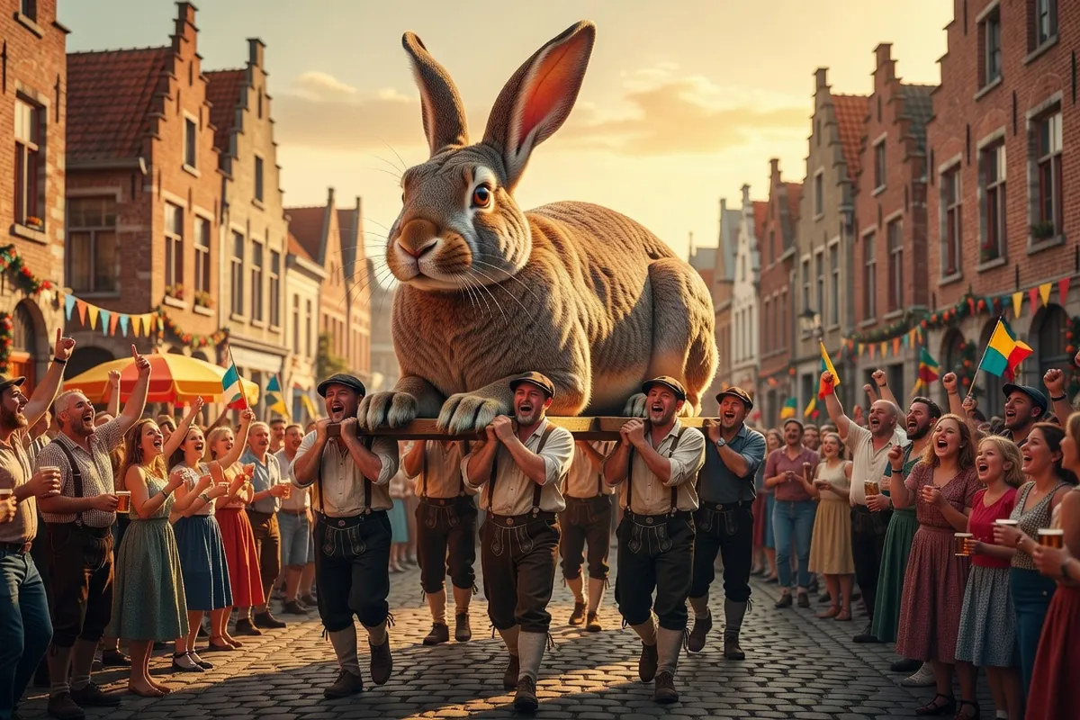 Un géant processionnel flamand porte dans les rues pavees lors d'une fête, foule en liesse.