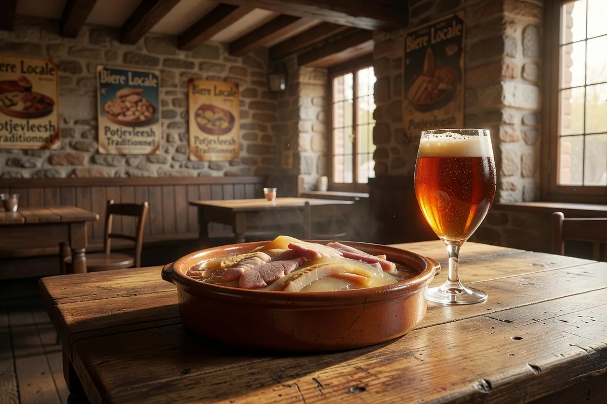 Potjevleesch traditionnel servi sur une table en bois dans un estaminet flamand.