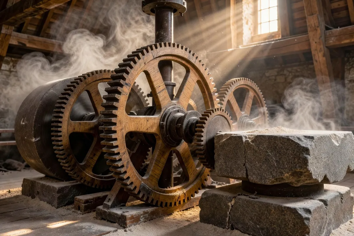 Mécanisme d'engrenages et meule dans un moulin a vent traditionnel de Flandre.