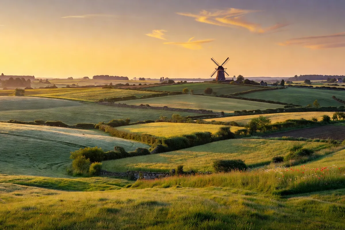Collines verdoyantes avec la silhouette d'un moulin à vent à l'horizon en Flandre.