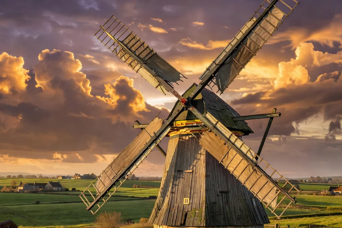 Détail des ailes et de la structure en bois d'un moulin a vent flamand.