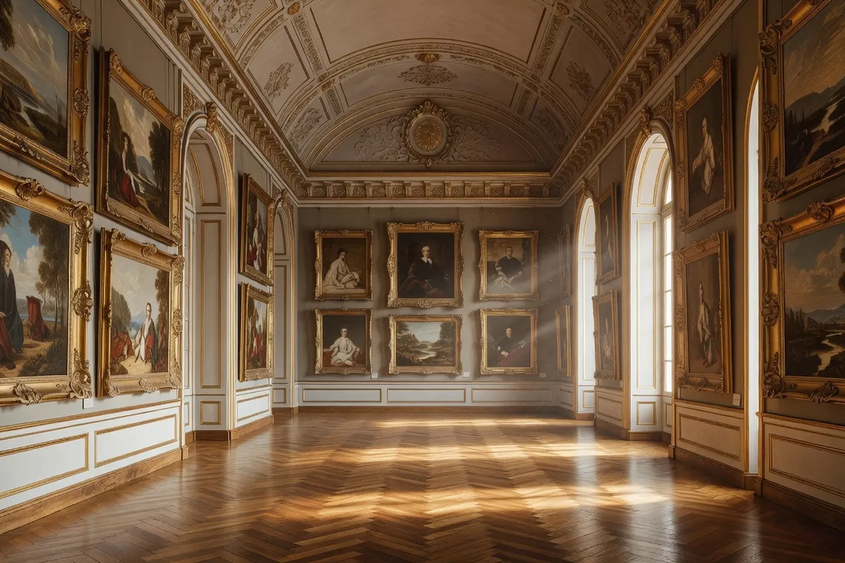 Salle de peintures du XIXe siècle dans un musée, cadres ornés et parquet.