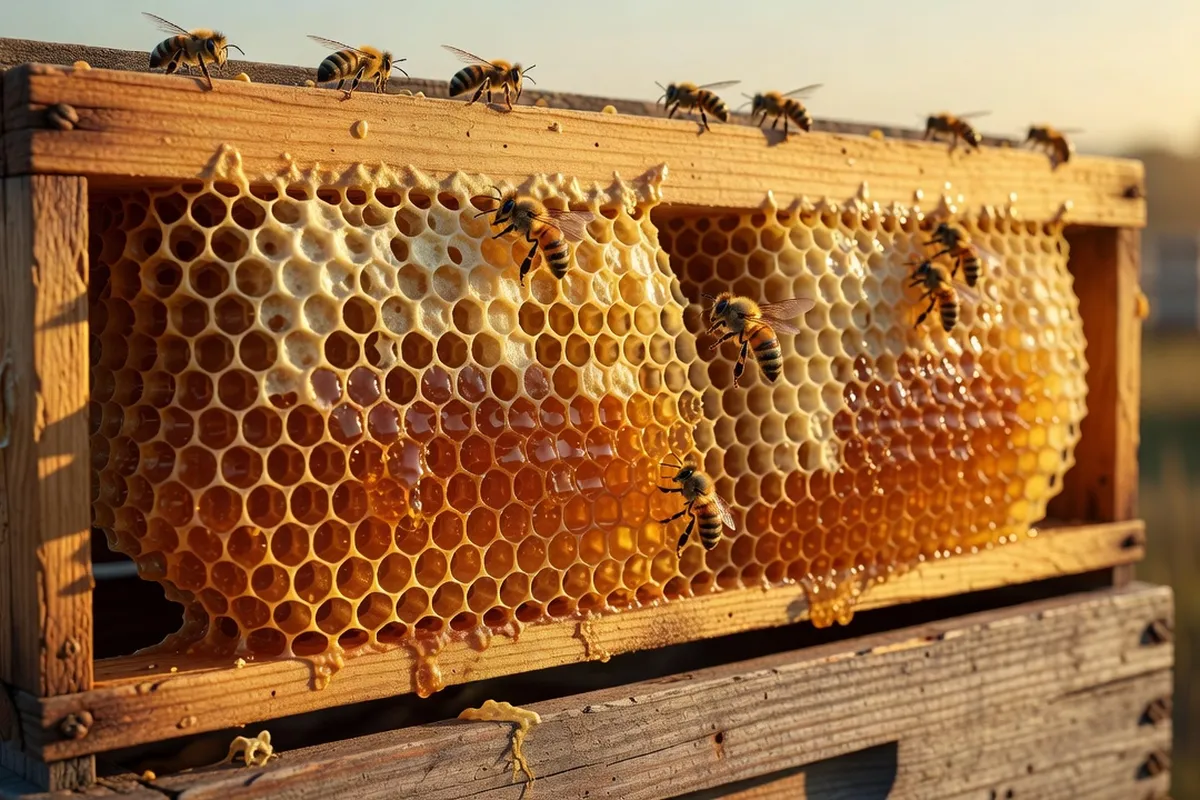 Gros plan sur un cadre de ruche en bois avec des abeilles et du miel visible.