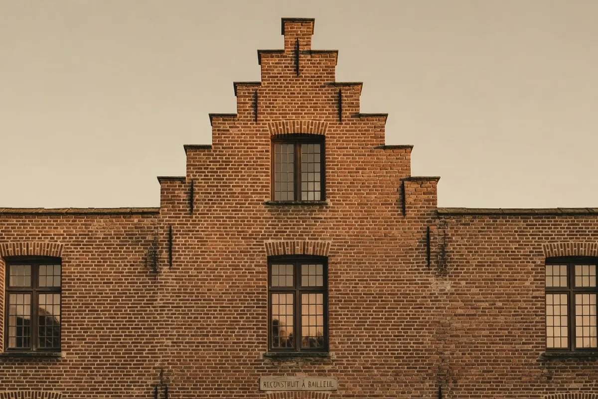 Façade de brique reconstruite avec pignon a redans dans le style flamand a Bailleul.