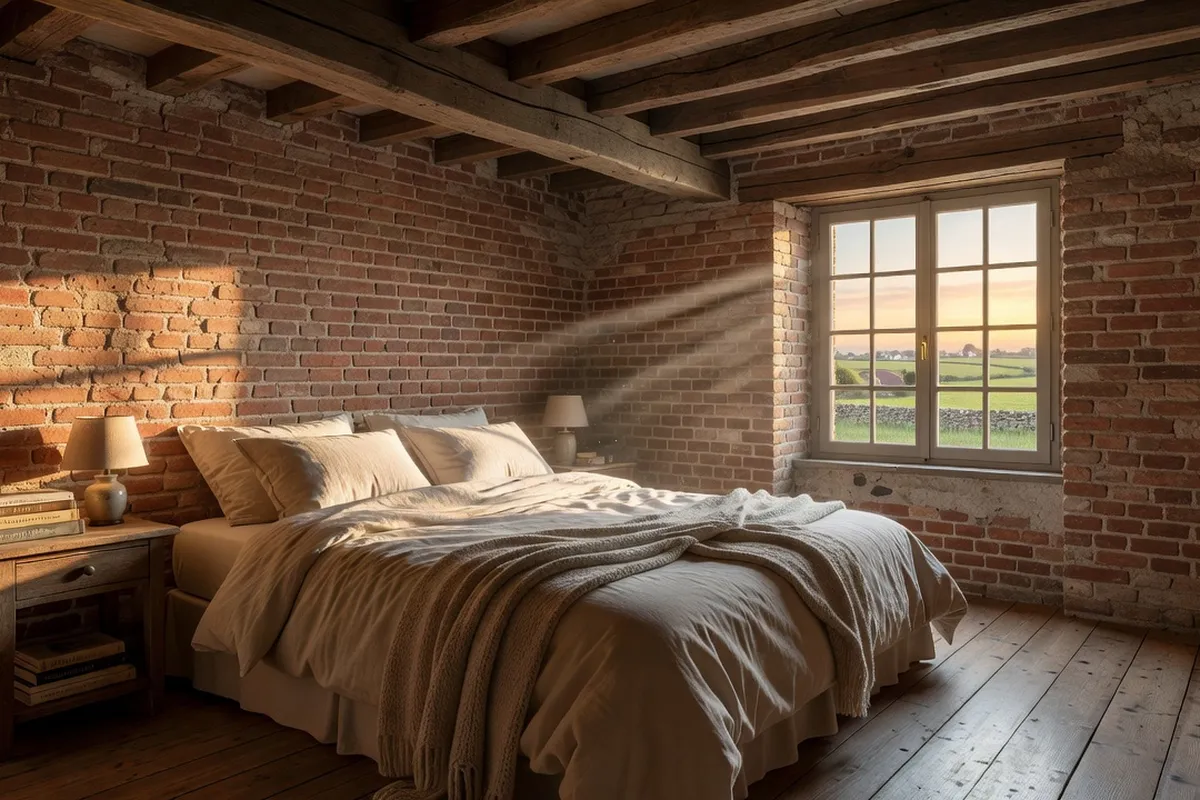 Chambre chaleureuse d'un gîte rural en Flandre, briques apparentes et poutres en bois.