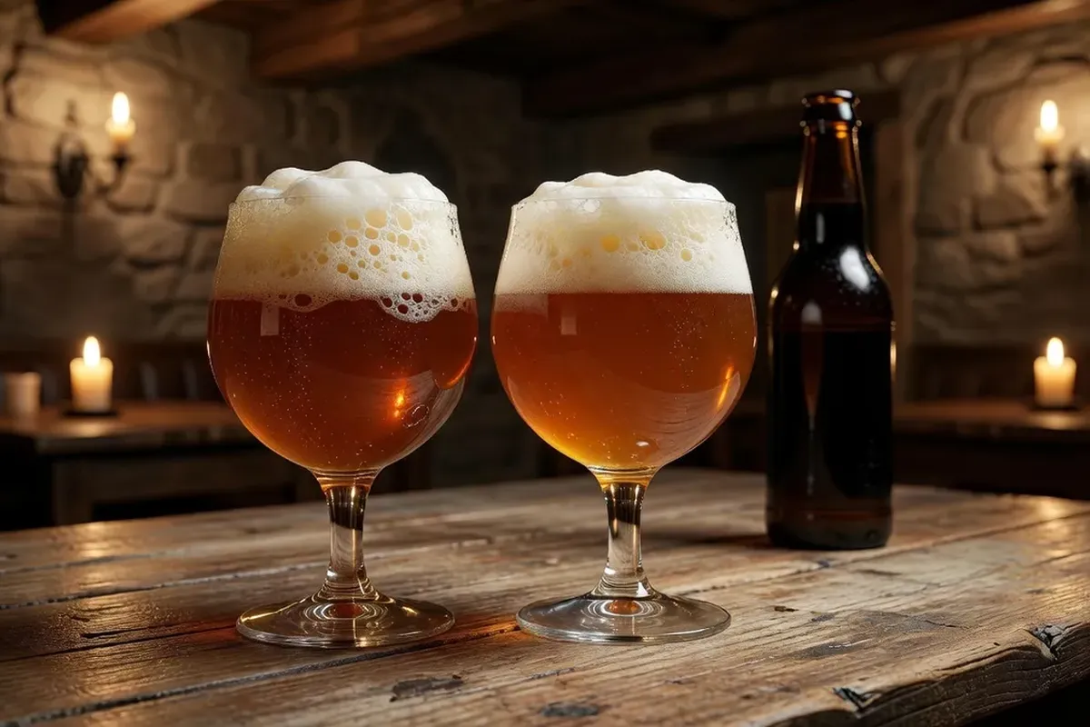 Verres de bière trappiste ambrée du Mont des Cats sur une table en bois d'estaminet flamand.