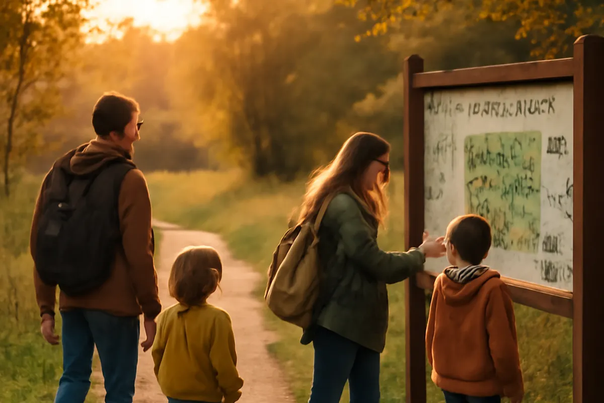 Une famille avec des enfants explorant un sentier nature avec panneaux explicatifs.