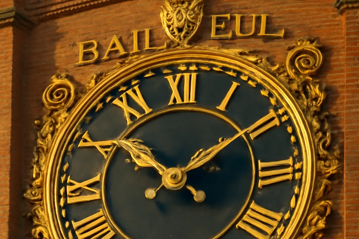 Détail de l'horloge ornée sur la tour du beffroi de Bailleul.