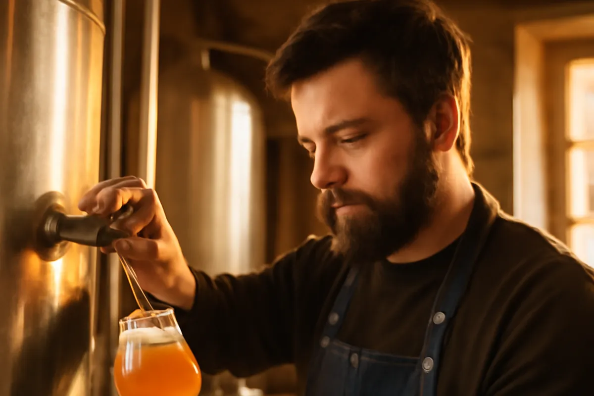Un brasseur versant une bière artisanale dans un verre, brasserie du Nord.