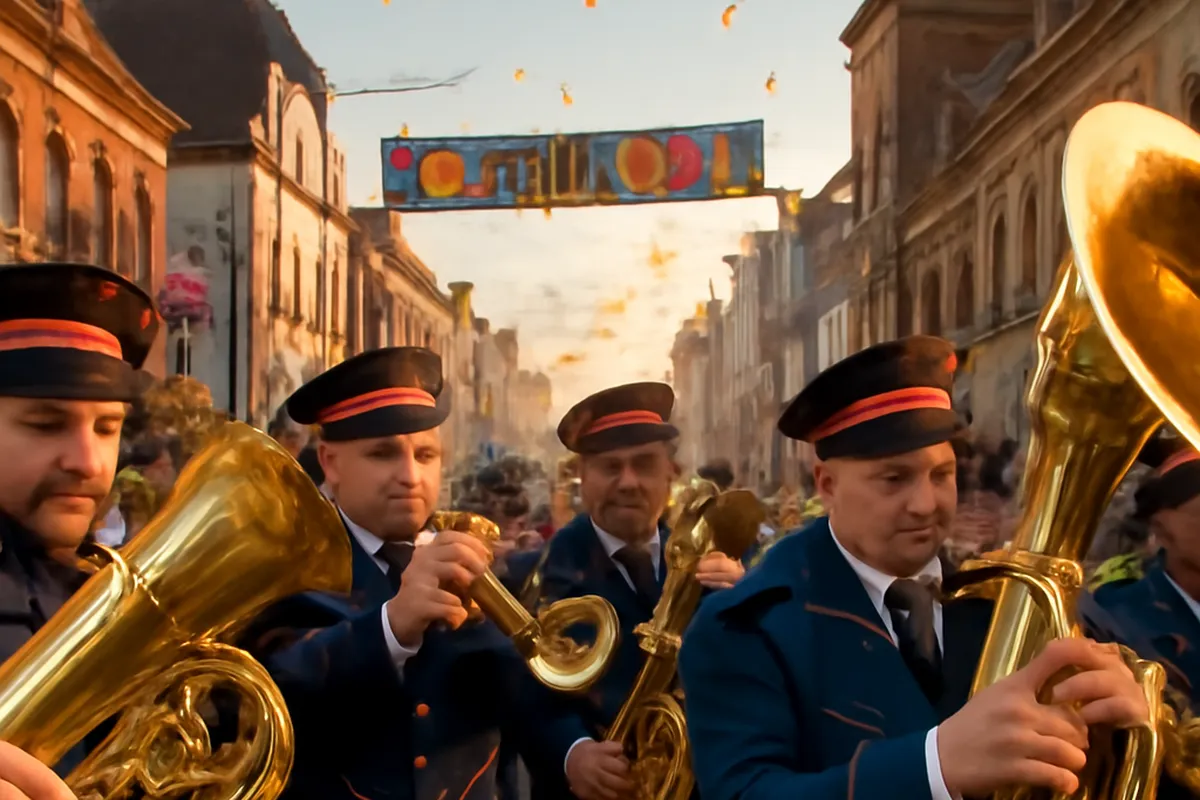 Une fanfare défilant dans les rues lors d'un carnaval flamand du Nord.