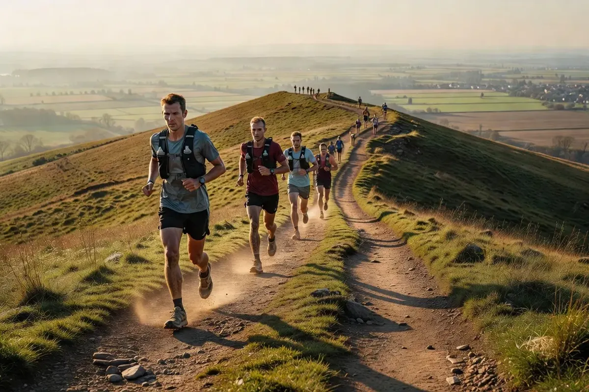 Coureurs du Marathon des Monts de Flandre sur un sentier de crête au lever du soleil.
