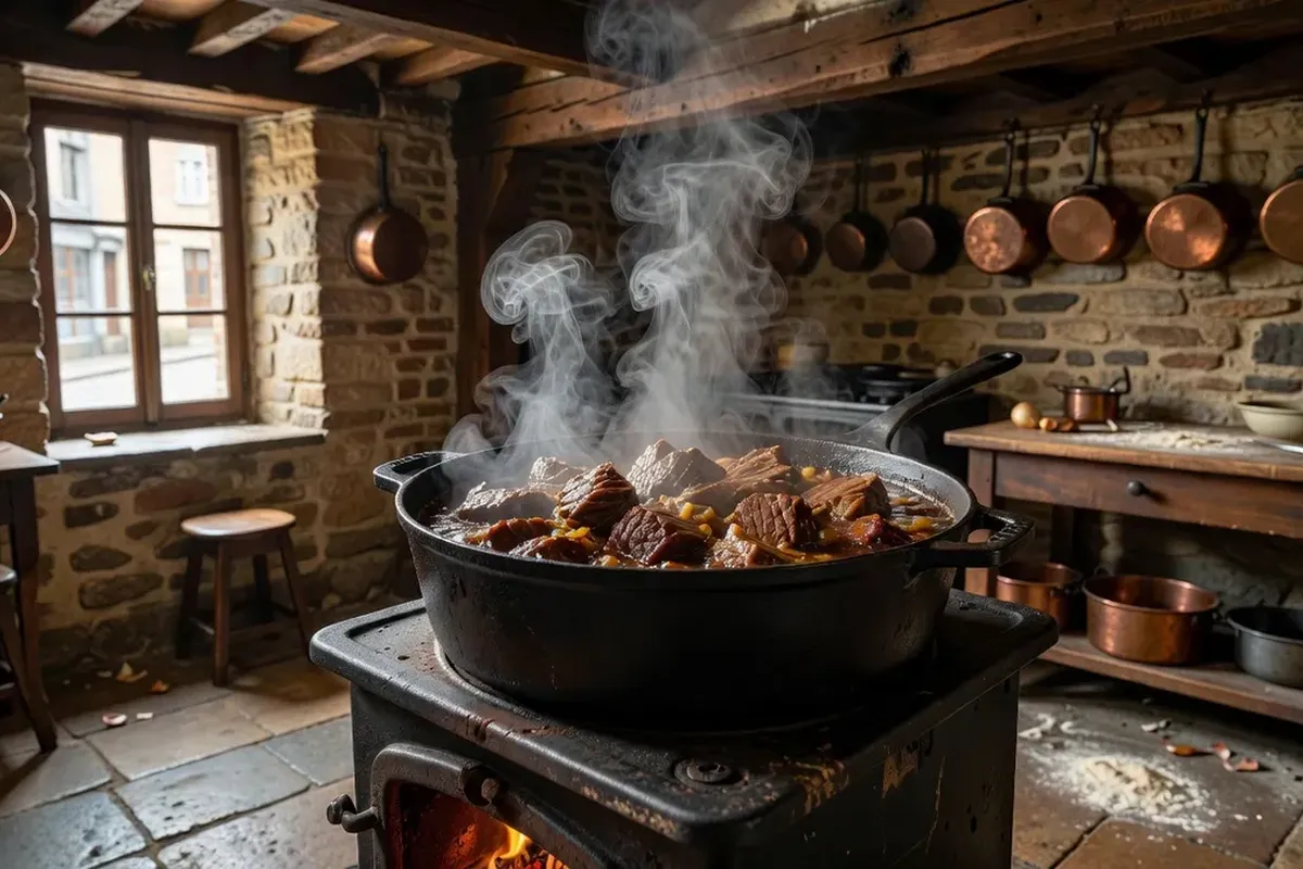 Carbonnade flamande mijotant à la bière brune dans une cocotte en fonte sur un vieux fourneau.