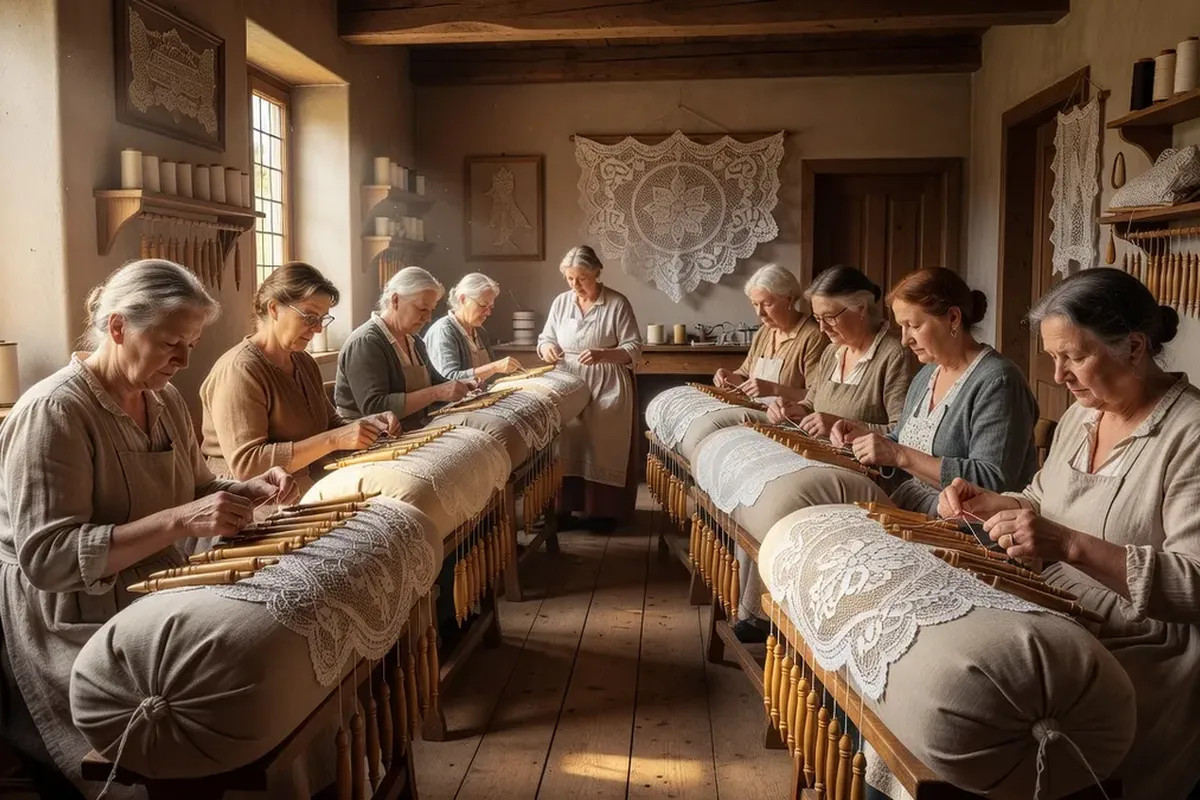 Élèves de l'École dentellière de Bailleul travaillant aux coussins autour de cartons de dentelle.