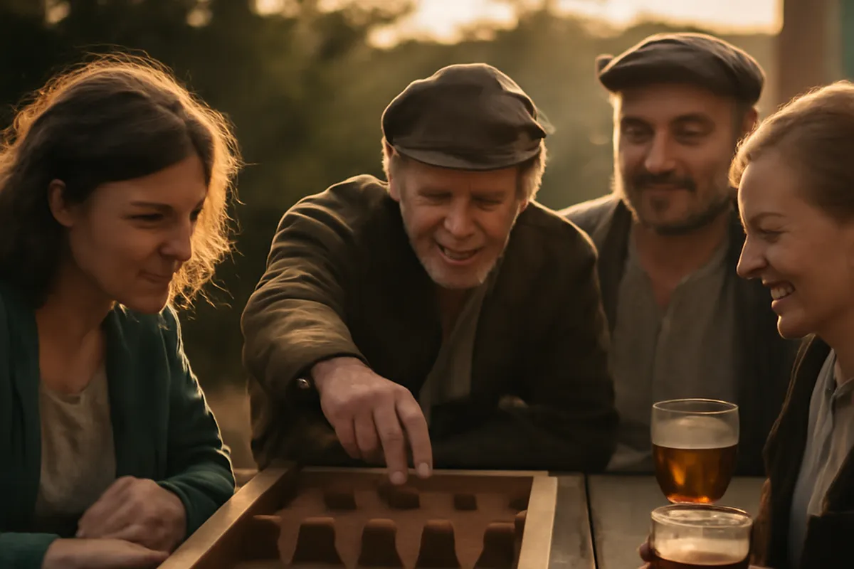 Un groupe jouant a un jeu traditionnel d'estaminet sur une table en bois.