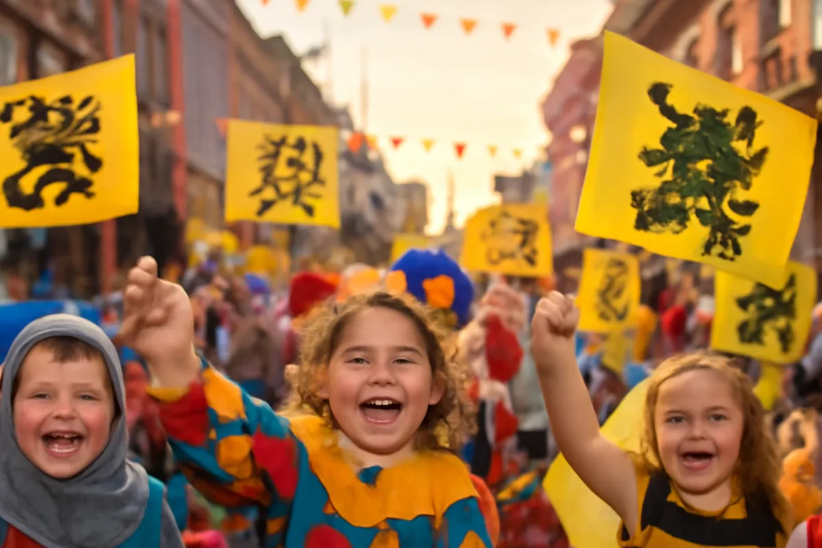 Des enfants en costumes colorés agitant des drapeaux lors d'un carnaval flamand.