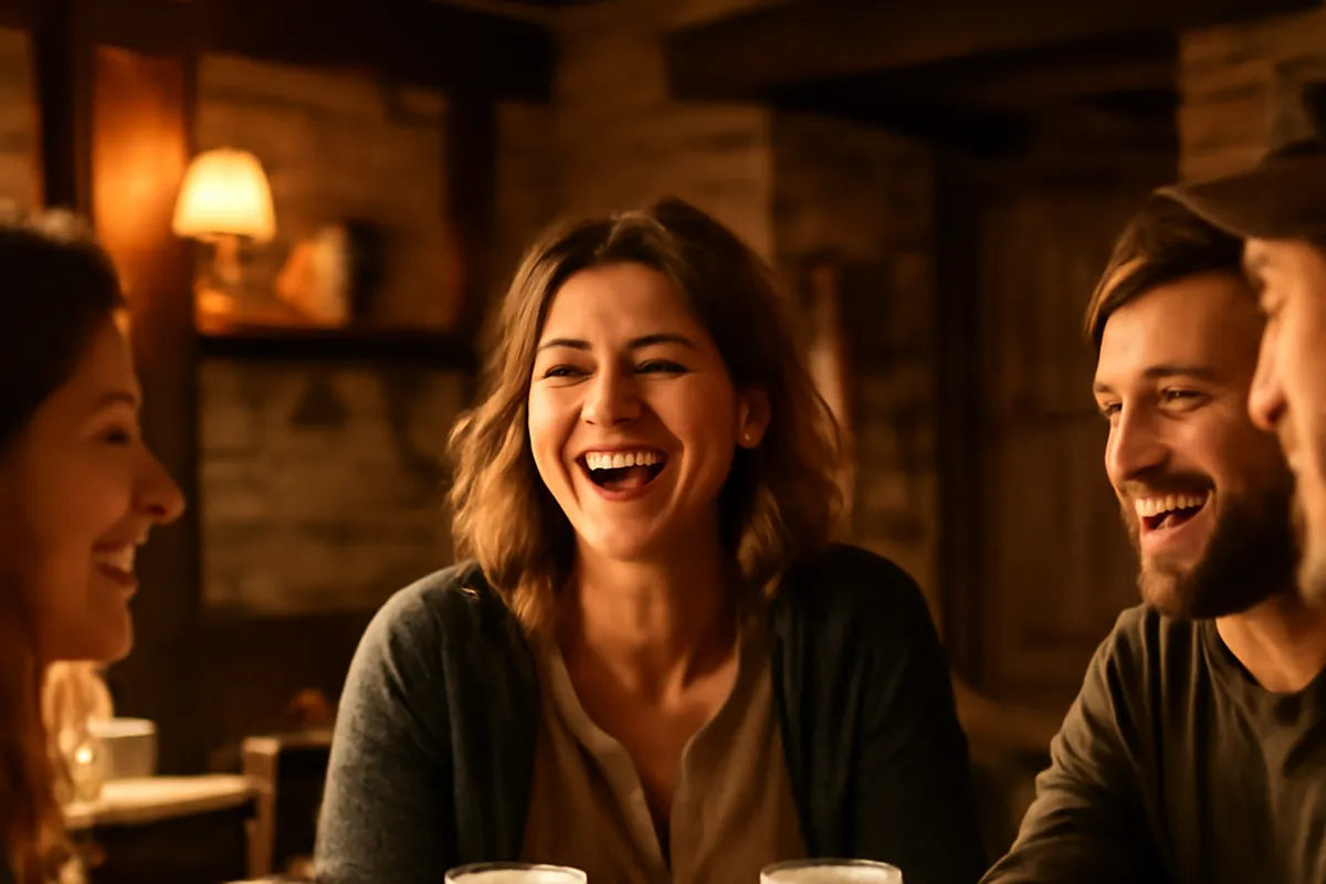 Un groupe d'amis riant autour d'une table dans un estaminet chaleureux.