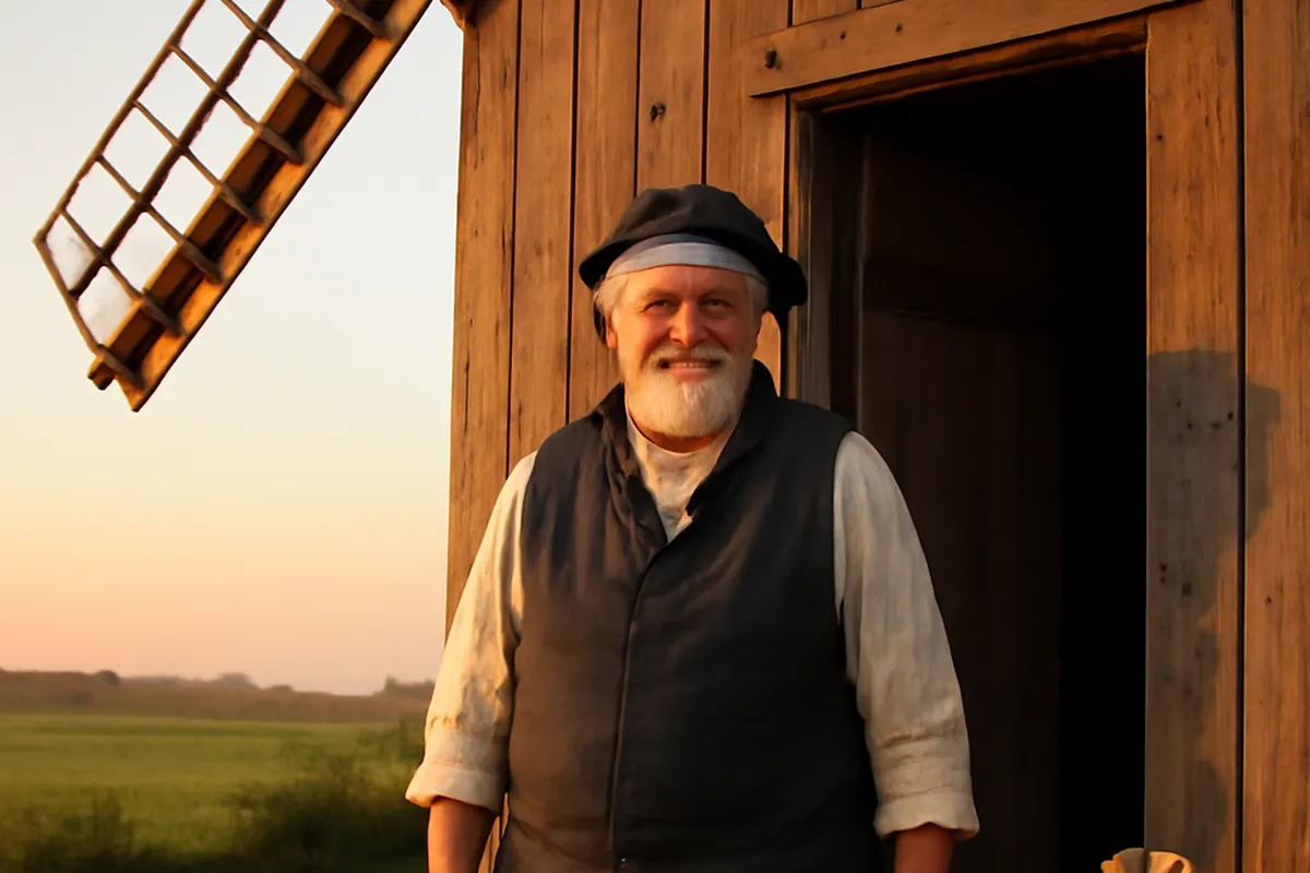Un meunier en tenue traditionnelle à l'entrée d'un moulin a vent en bois.
