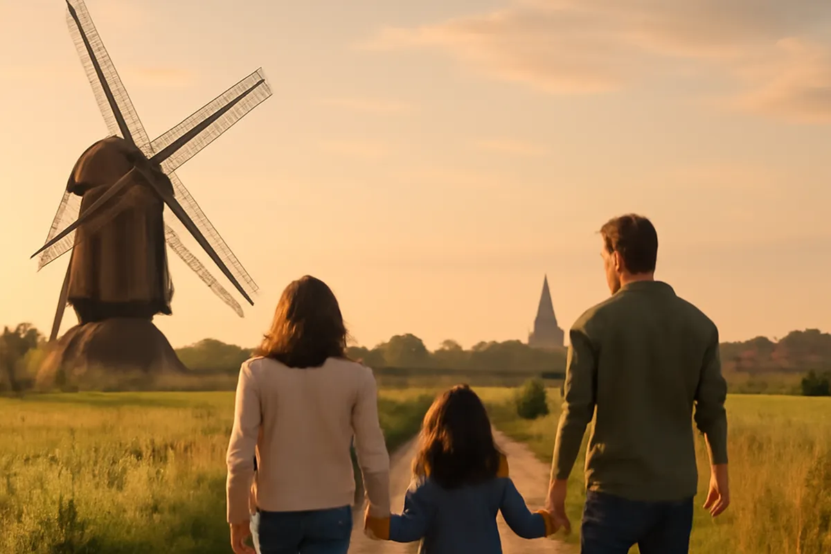 Une famille se promenant sur un chemin de campagne dans les Monts de Flandre.