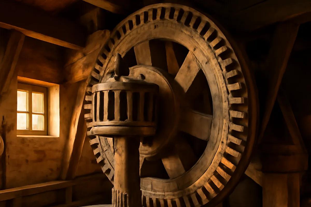 Intérieur d'un moulin montrant les engrenages en bois et les meules.
