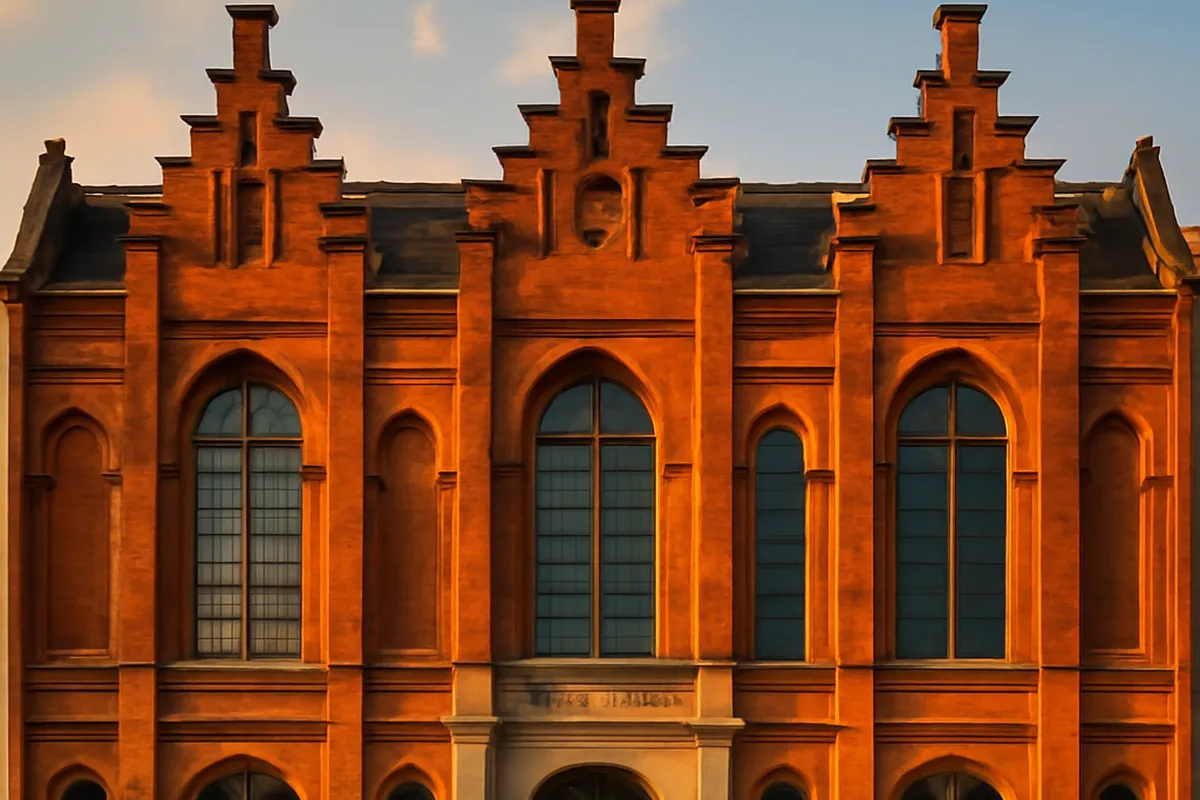 Façade en brique rouge du musée a Bailleul avec de hautes fenêtres.