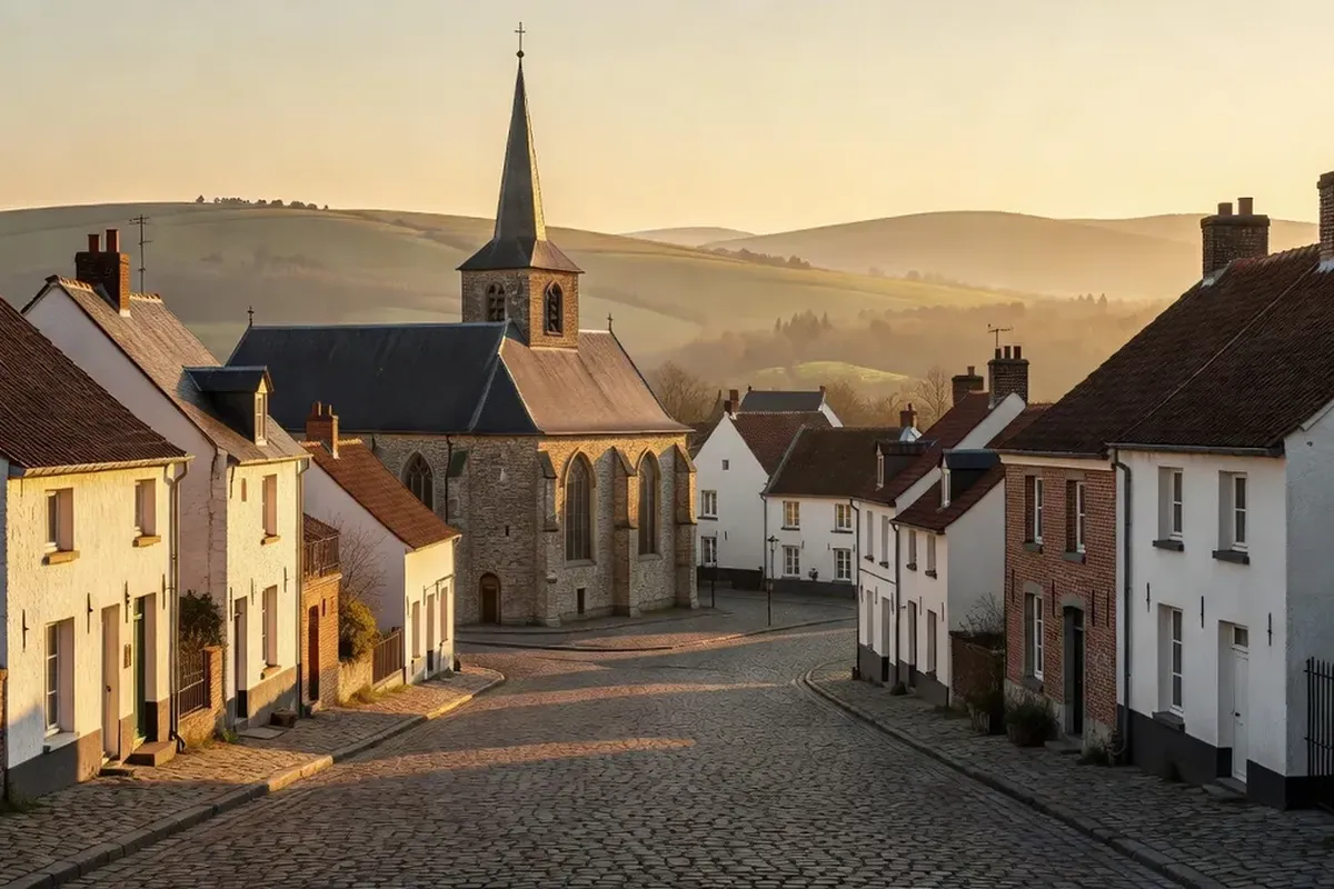 Rue typique de Boeschepe avec ses maisons flamandes blanchies à la chaux sous les Monts de Flandre.