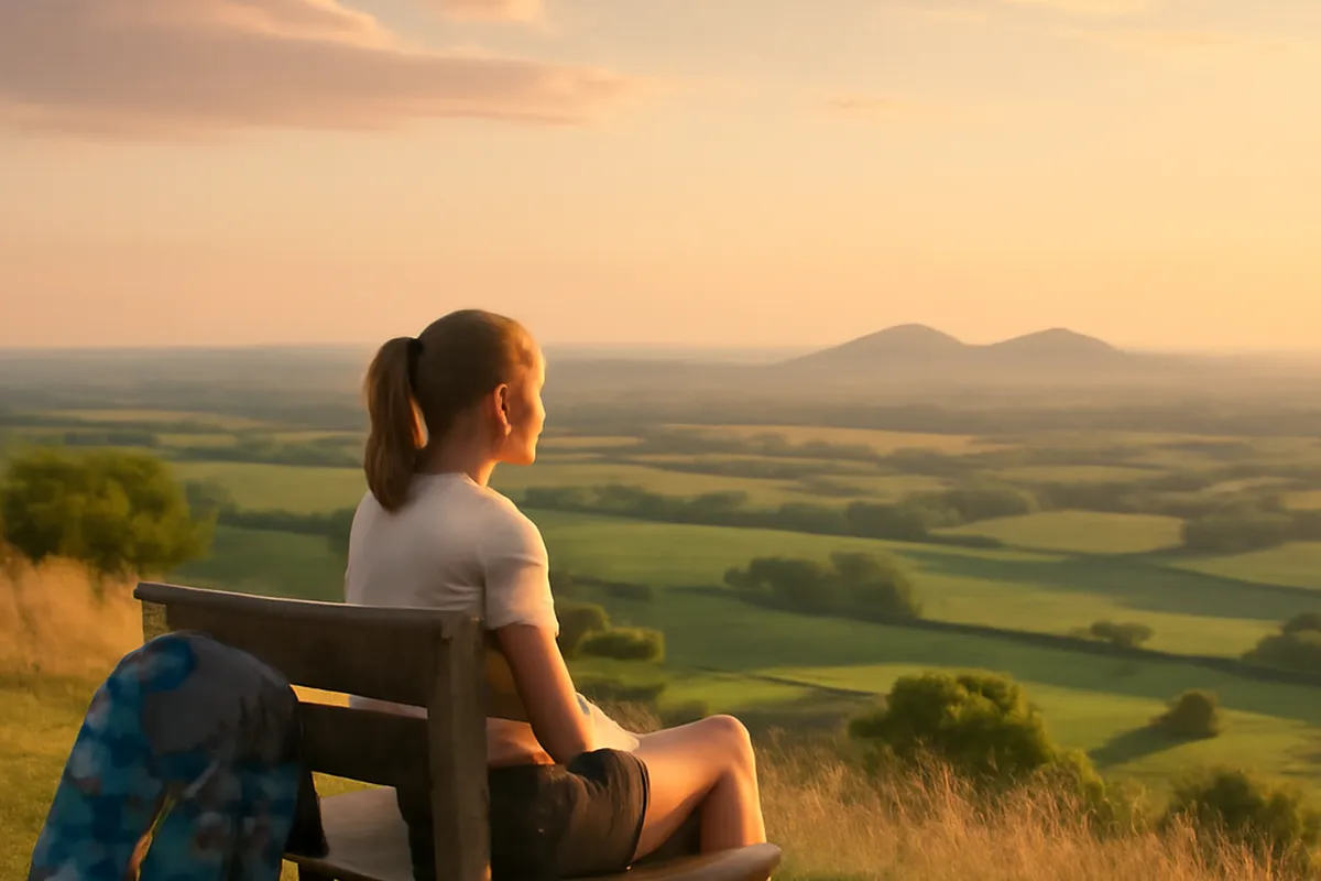 Une randonneuse se reposant sur un banc au sommet d'une colline des Monts de Flandre.