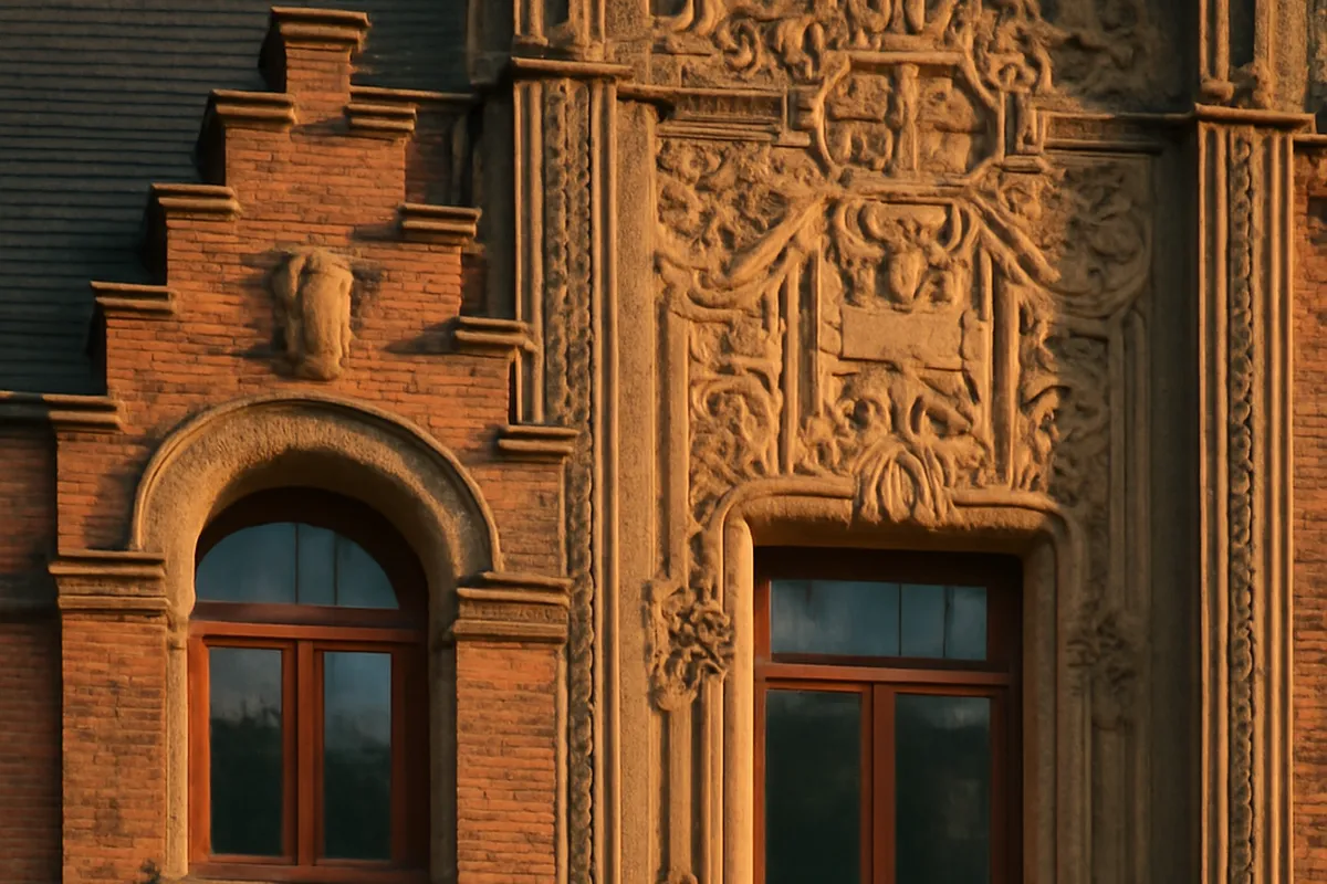 Détail architectural Art deco et néo-flamand sur une façade en brique des années 1920.