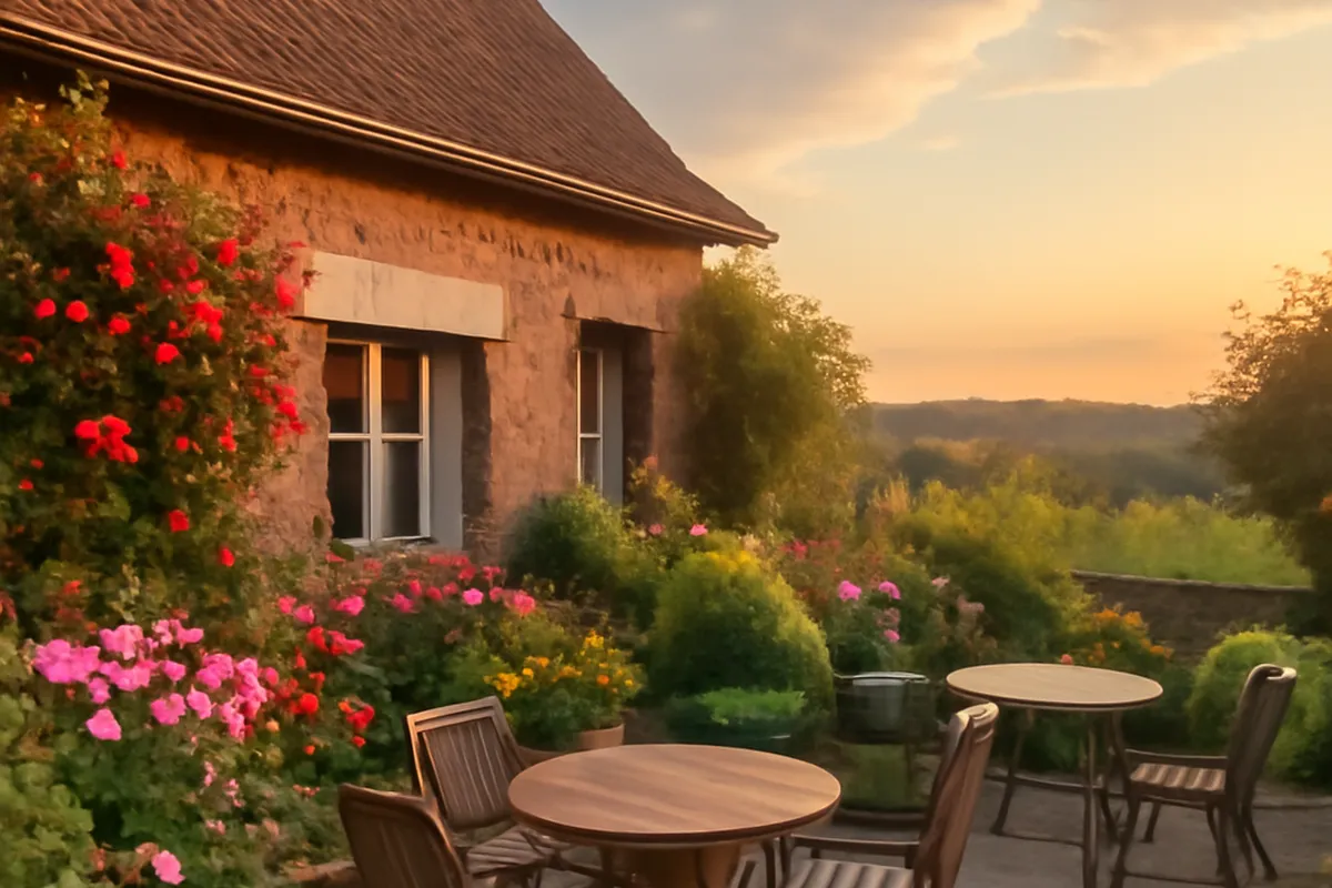 Terrasse fleurie d'une chambre d'hôtes a la campagne dans les Monts de Flandre.