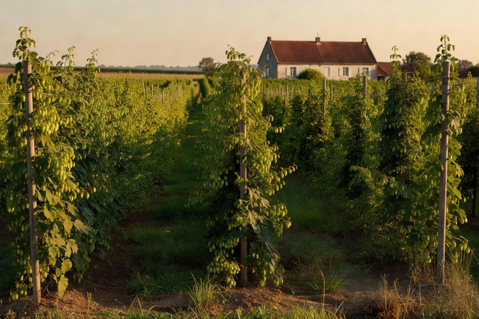 Champ de houblon en Flandre avec les hautes tiges palissées typiques