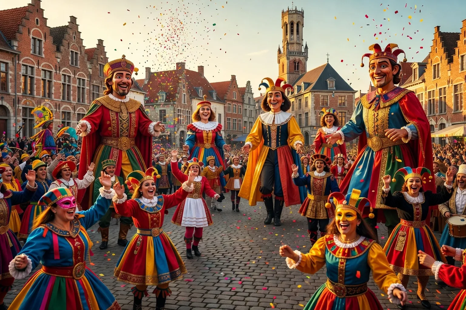 Géant processionnel de carnaval défilant dans une rue flamande