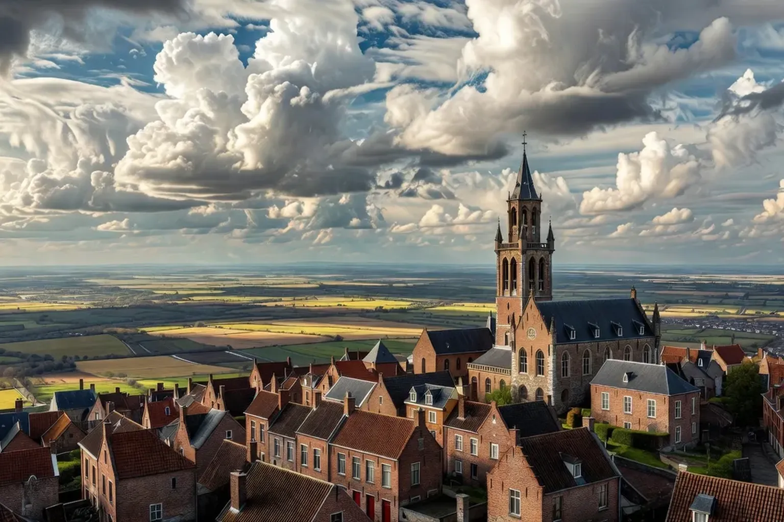 Vue panoramique sur le village de Cassel et sa plaine depuis la butte des Monts de Flandre