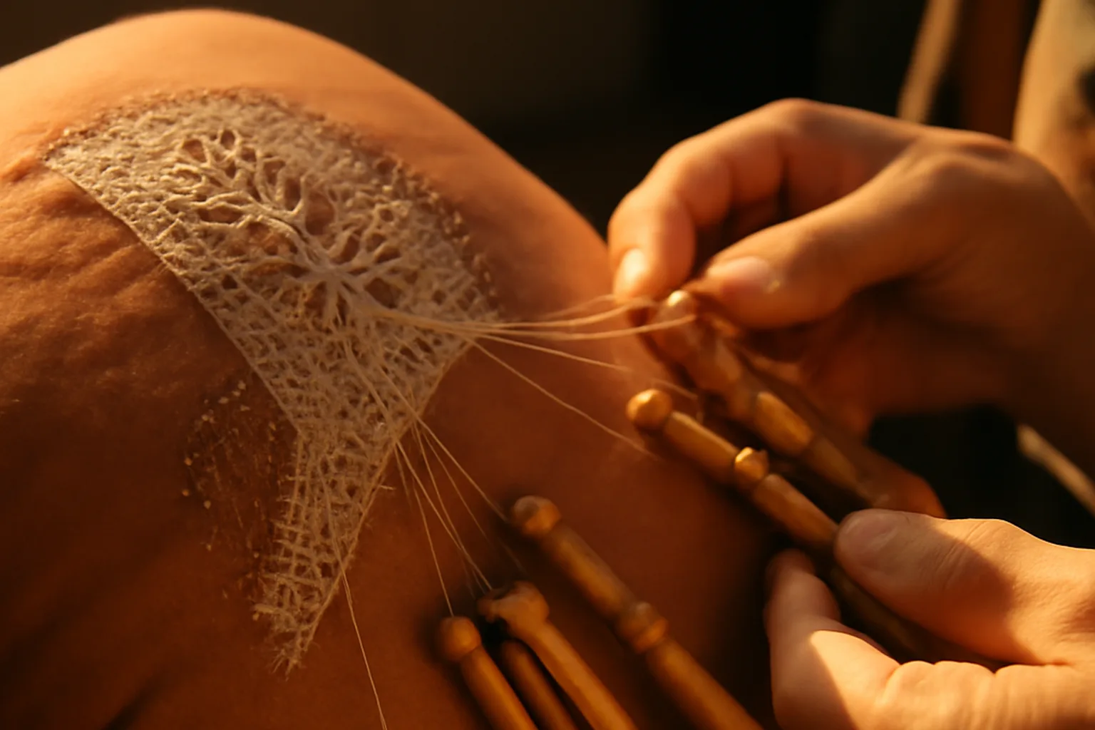 Dentellière travaillant aux fuseaux sur un métier traditionnel