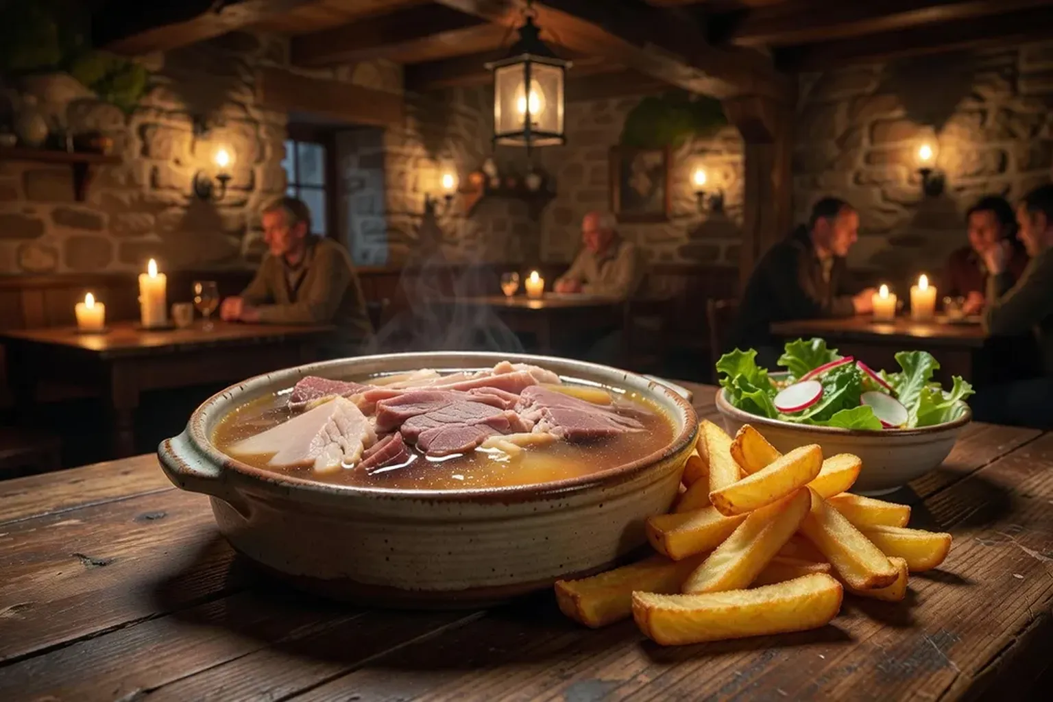 Potjevleesch traditionnel servi dans sa terrine en grès sur une table d'estaminet flamand