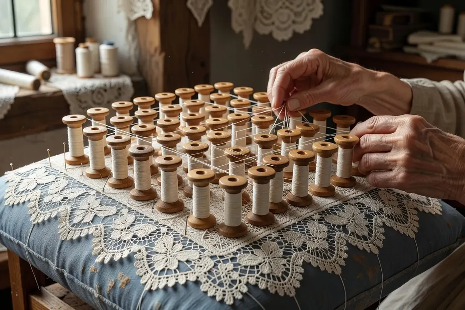 Mains d'une dentellière manipulant les fuseaux sur un coussin de dentelle de Bailleul