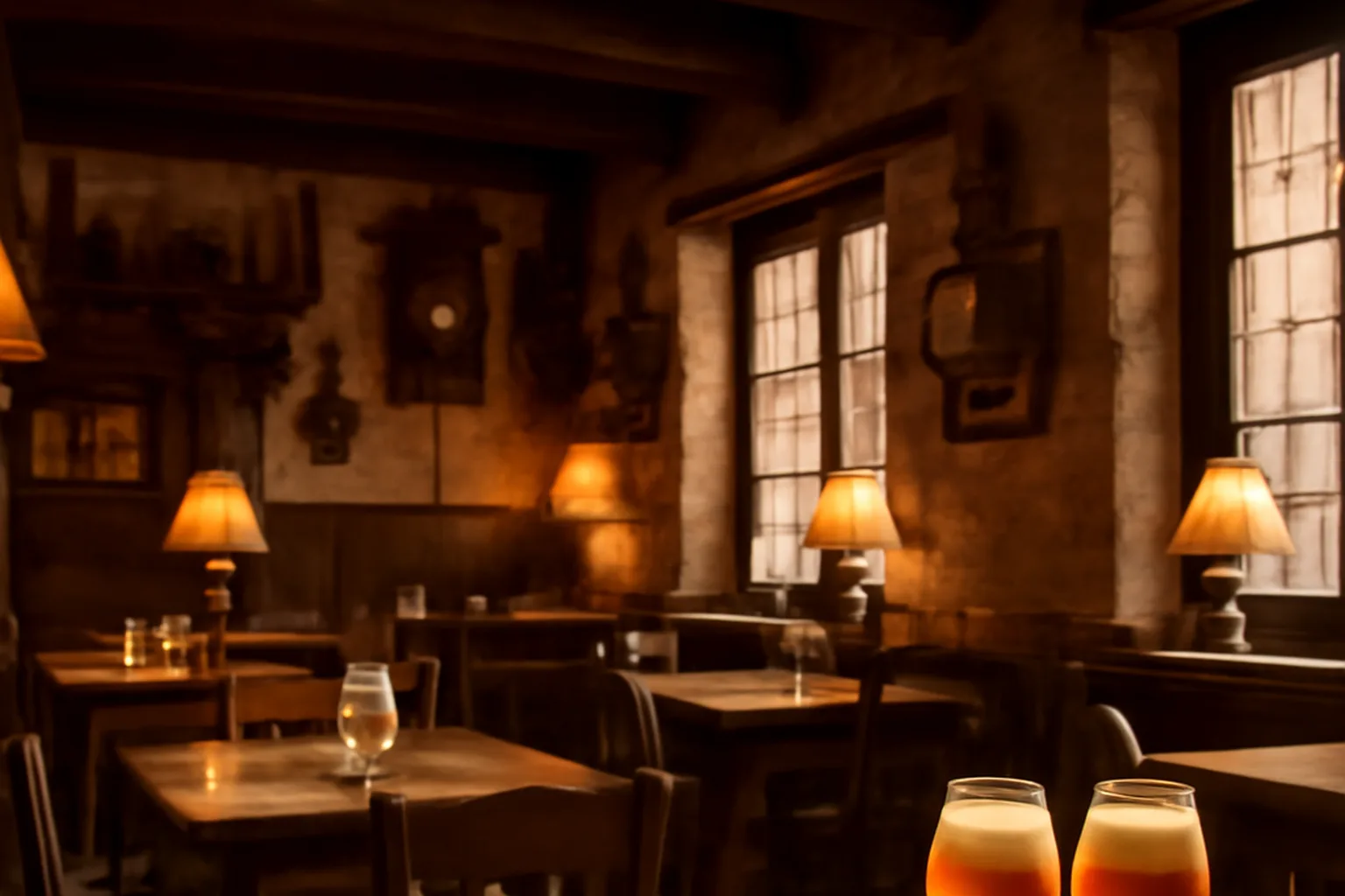 Intérieur chaleureux d'un estaminet flamand avec faïence bleue et tables en bois