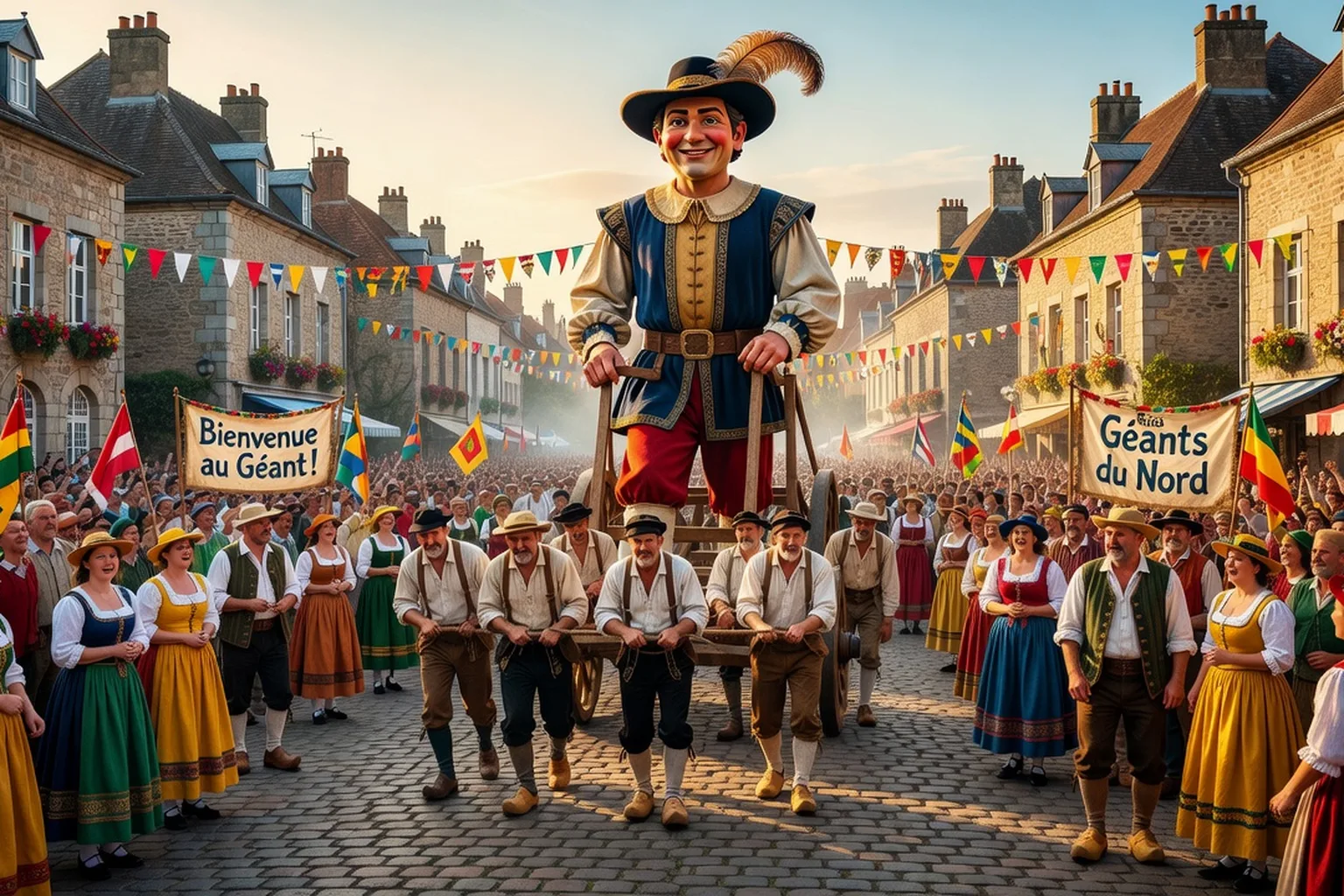 Défilé de carnaval flamand avec un géant processionnel traditionnel dans les rues de Bailleul