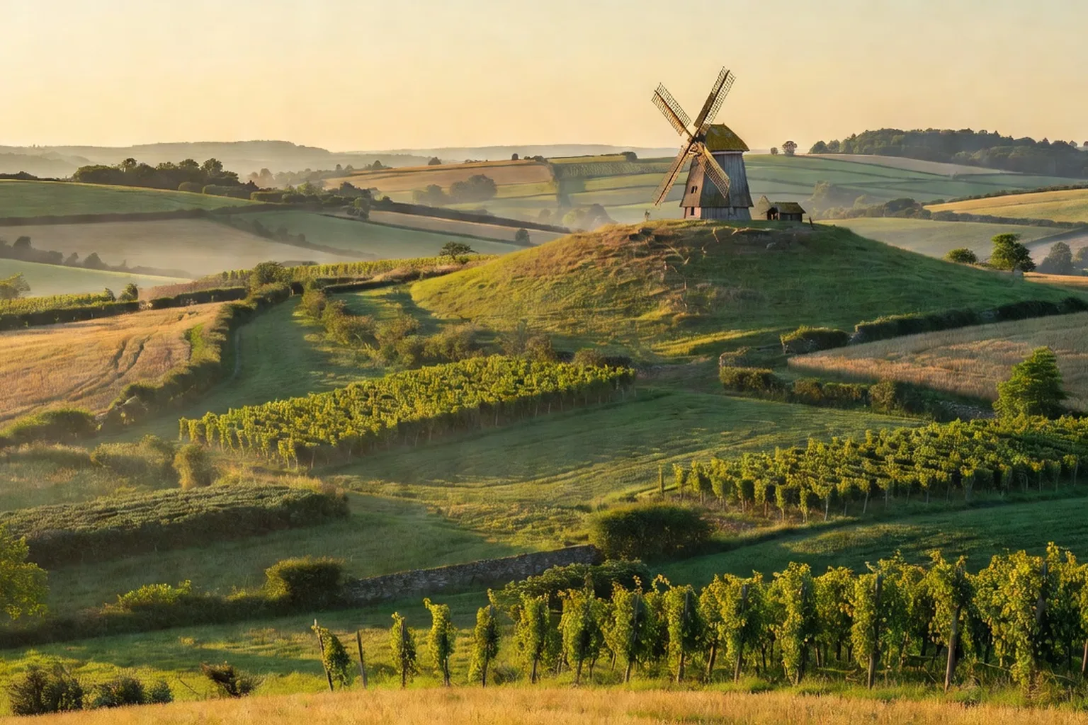 Vue panoramique sur les collines des Monts de Flandre avec un moulin à vent